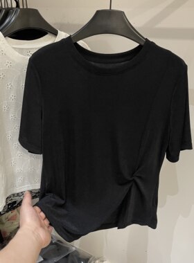 设计感褶皱开叉醋酸短袖T恤女2026夏季新款显瘦百搭打底衫上衣薄