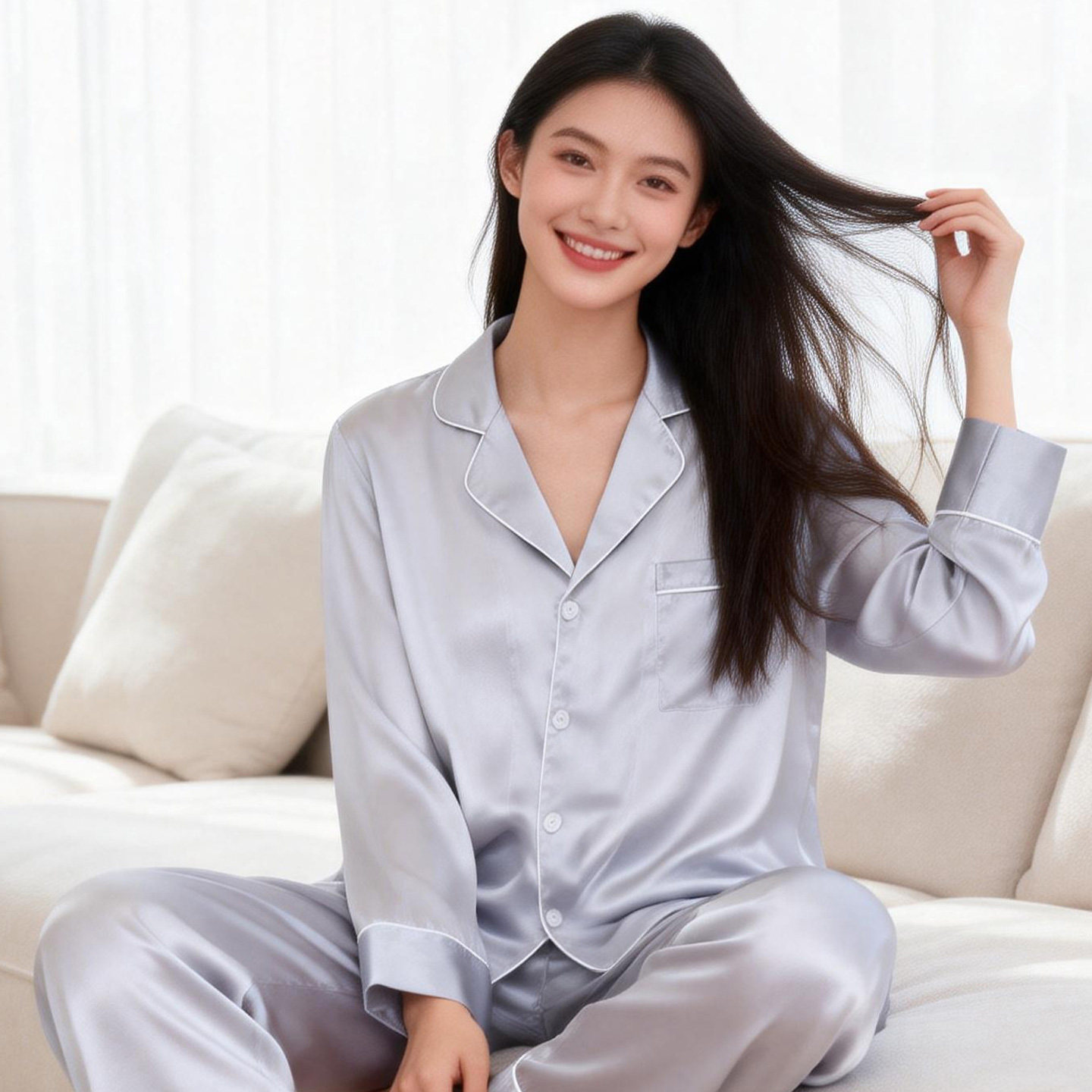 重磅100%桑蚕丝睡衣22姆米长袖长裤女秋冬套装简约纯色丝绸家居服