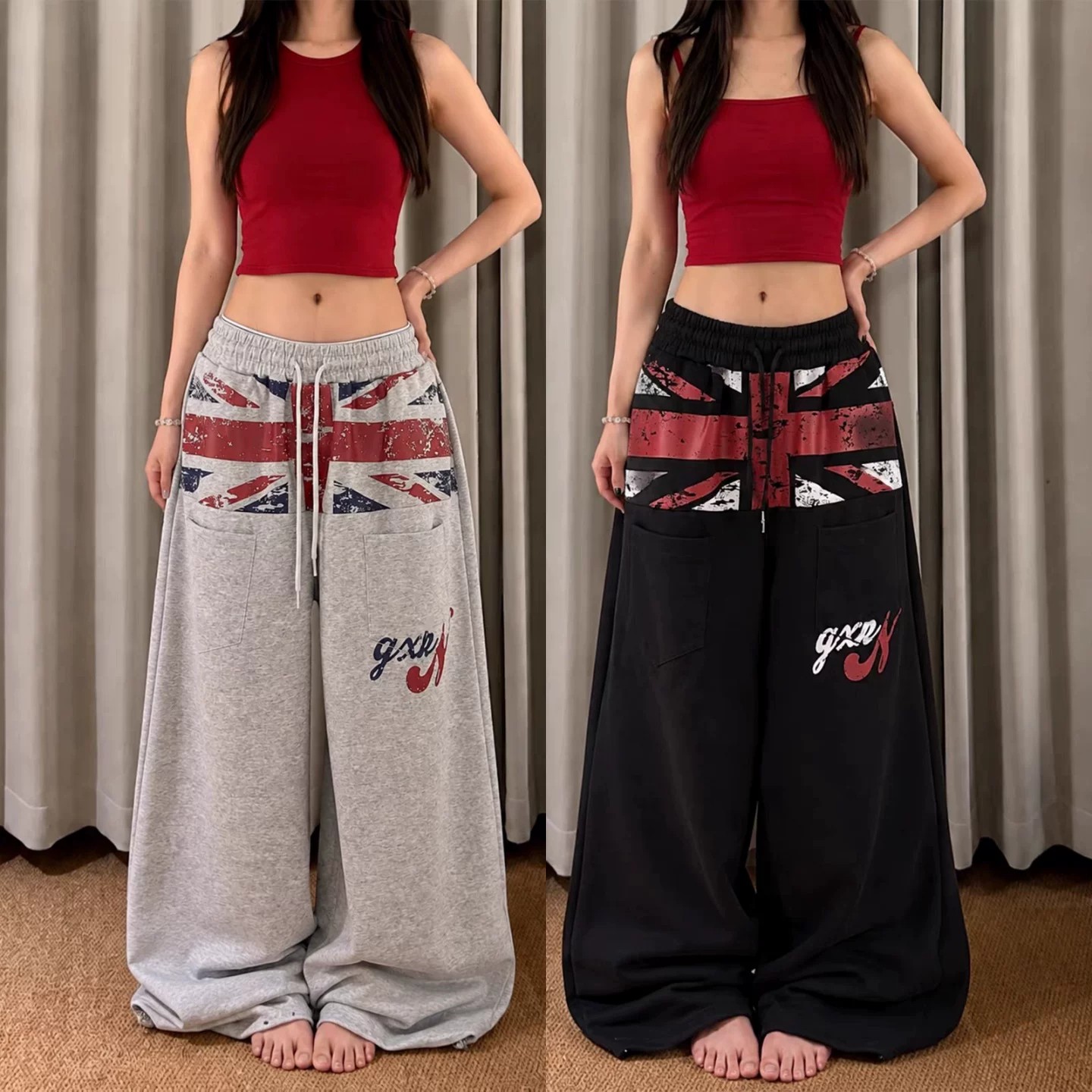 美式字母印花宽松阔腿卫裤女