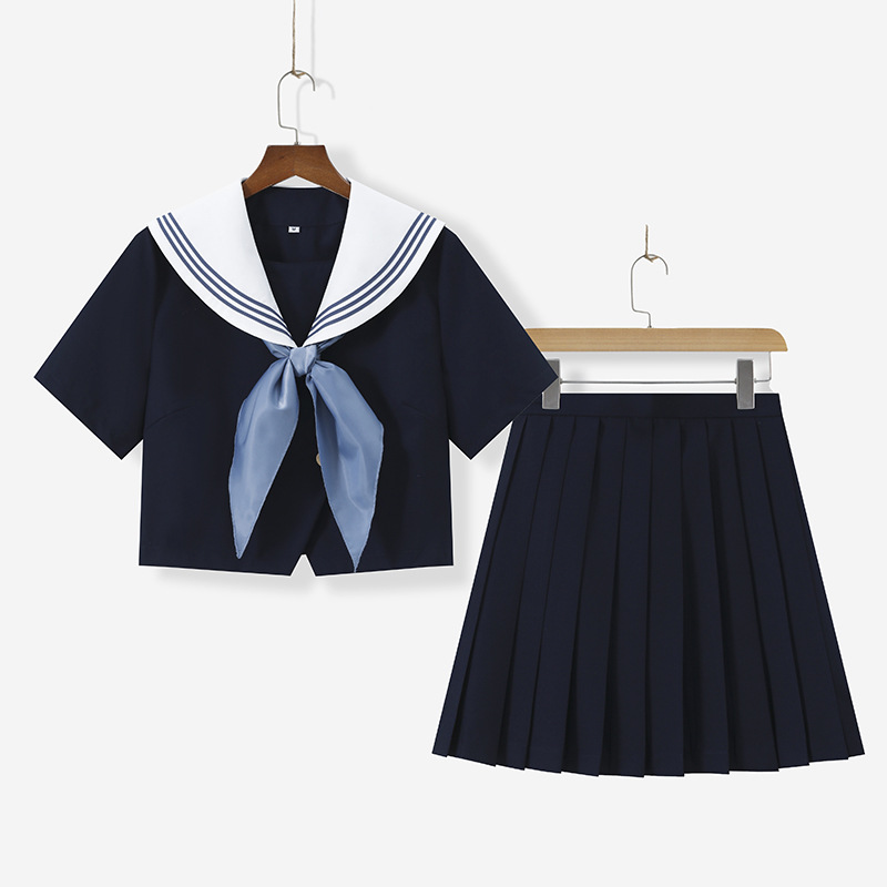 水色日记日系白领绀三本水手服JK制服新款长袖学院风百褶裙套装女