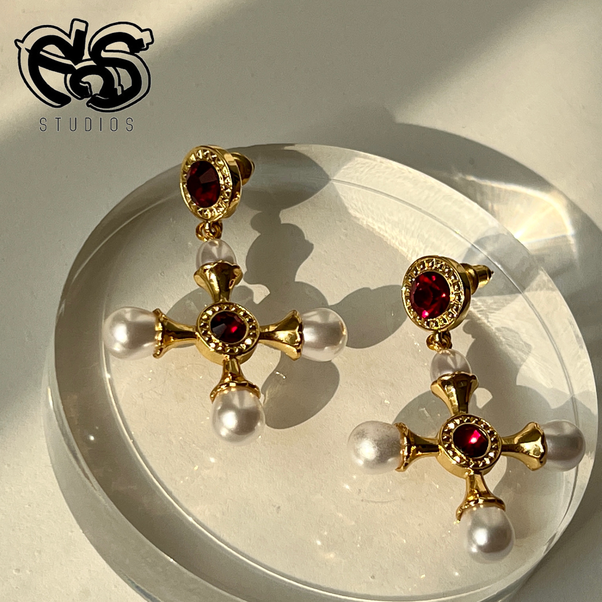【EOSSTUDIO】红宝石珍珠十字架耳环巴洛克复古vintage中古耳饰