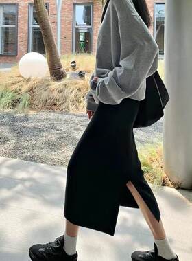 黑色针织半身裙女2026春秋款新款中长款高腰开叉包臀一步毛线裙子