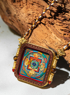 手绘唐卡吊坠藏式扎基拉姆黄财五爷手工文创药师皮壳擦擦唐卡吊坠