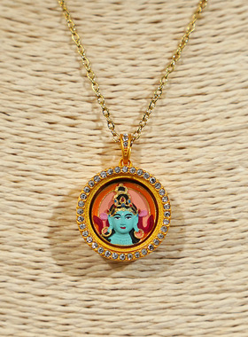 景区文创圆形唐卡项链黄铜镶钻手工上色五爷嘎乌盒擦擦小吊坠项链