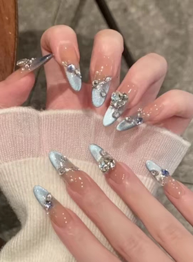 Maxfine2025新款高级感蓝色法式猫眼穿戴甲高颜值辣妹百搭美甲