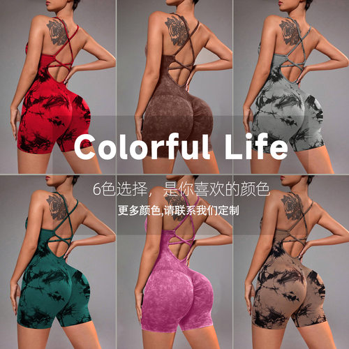 欧美无缝扎染连体瑜伽服美背一体式蜜桃臀运动弹力高腰提臀健身服