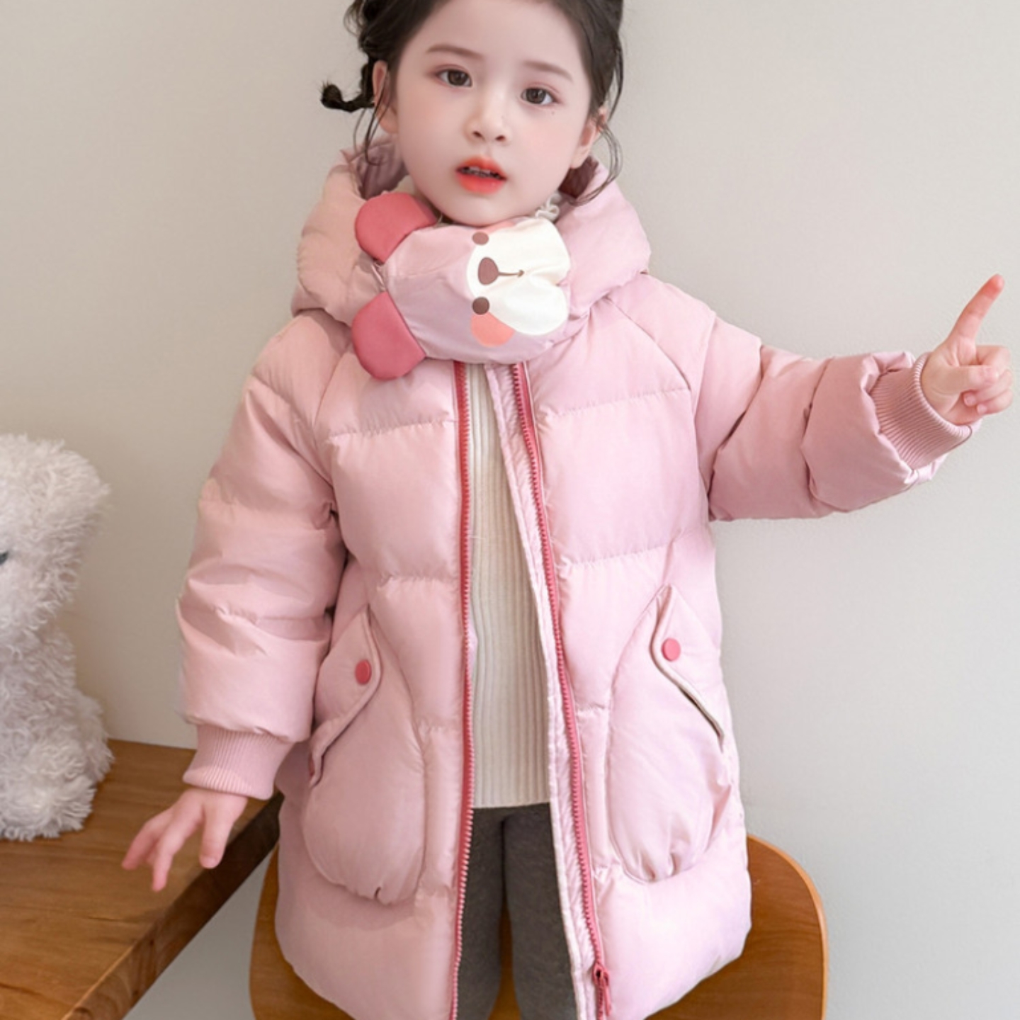 女童外套2025新款洋气时髦加绒加厚冬款粉色连帽白鸭绒羽绒服可爱