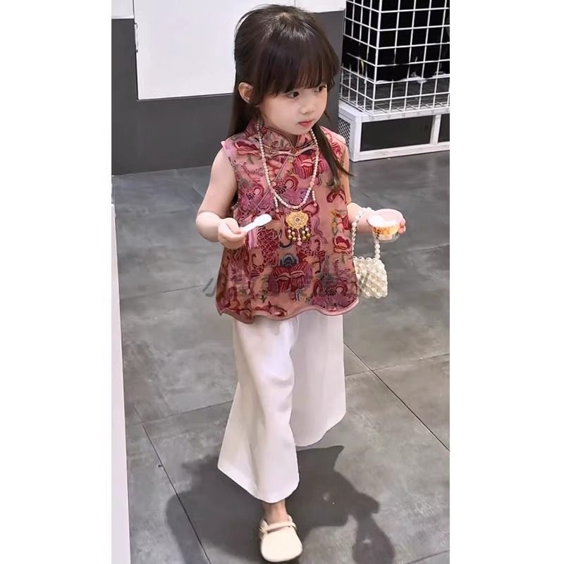 2025女童夏季中国风套装旗袍领复古花色无袖上衣白色阔腿裤两件套