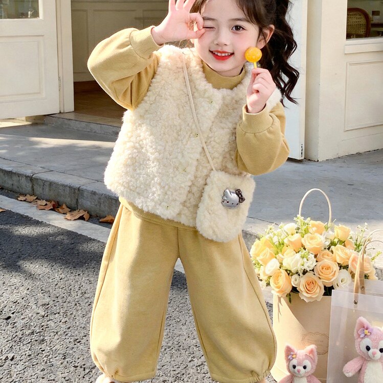 女中小童套装2026新款春秋洋时髦韩系甜美可爱黄色卫衣马甲三件套