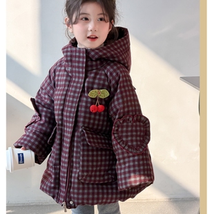 女中小童羽绒服2026新款洋时髦冬款保暖韩格子白鸭绒潮流休闲外套