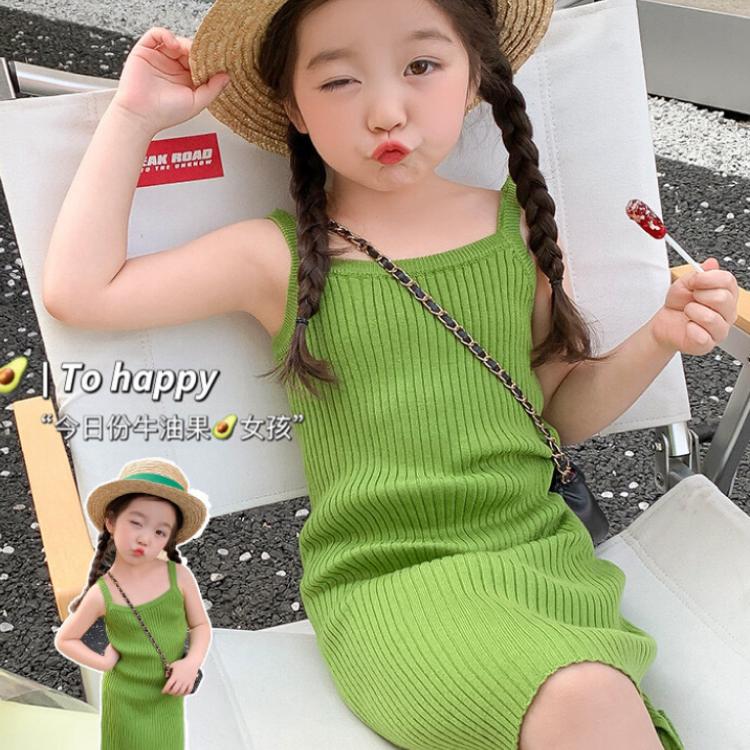 女童2025新款女孩吊带裙夏季韩版洋气冰丝连衣裙儿童宝宝牛油果绿