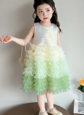 女童连衣裙2026新款夏季洋气时髦渐变绿色蛋糕女宝公主裙生日礼服