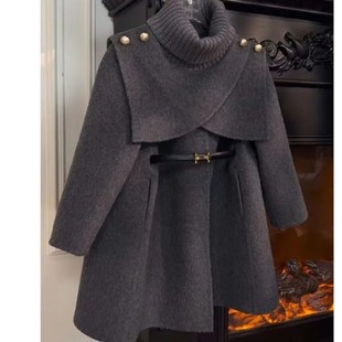 女童双面呢子大衣外套新款秋冬加厚灰色斗篷围巾洋系腰带气质风衣