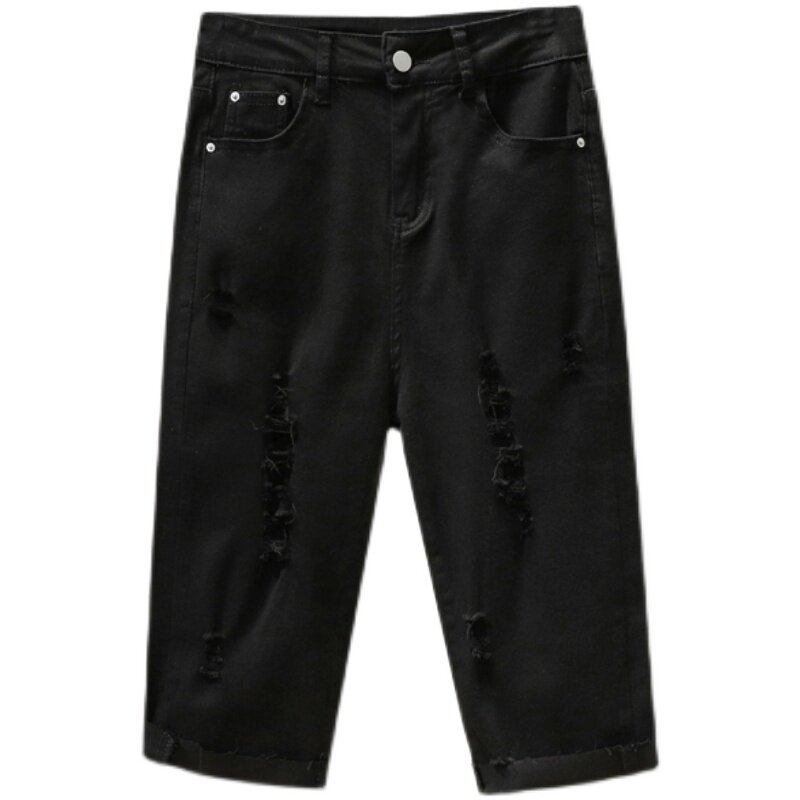 PLUS SIZE WOMENS SUMMER 2024 NEW HIGH WAIST STRETCH CROPPED PANTS FAT MM SLIM HOLE STRAIGHT DENIM SHORTS