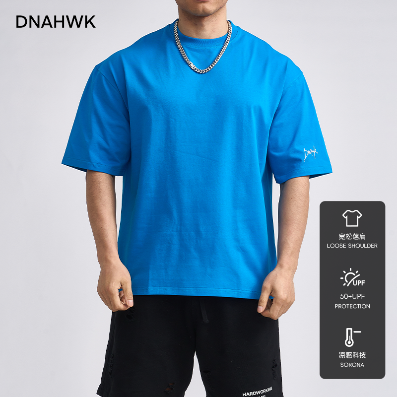 DNAHWK凉感防晒索罗娜重磅高定简约刺绣宽松落肩T恤男棉短袖夏季
