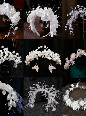 新娘头饰森系白色头花发箍仙美布艺手工发饰韩式婚礼主婚纱配饰