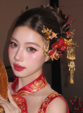新娘高端中式发饰套装红色秀禾头饰奢华流苏步摇结婚发钗