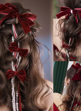 新娘结婚头饰酒红色蝴蝶结套装敬酒礼服简约造型中式民族风婚礼