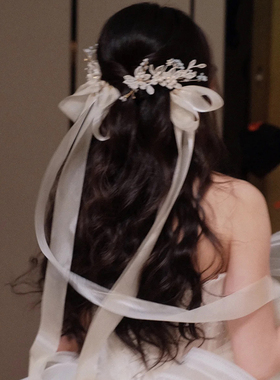 新款仙美长飘带花朵蝴蝶结发夹头饰甜美新娘礼服边夹公主婚纱配饰