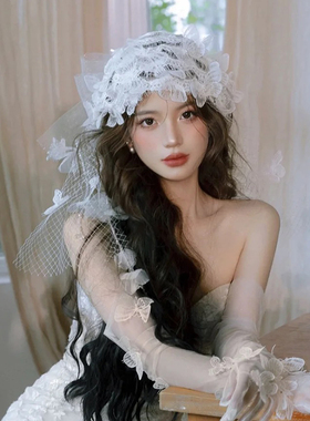 新款蕾丝花朵发帽法式复古新娘头饰森系流苏发饰礼服写真拍照配饰