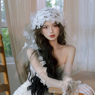 新款 复古新娘头饰森系流苏发饰礼服写真拍照配饰 蕾丝花朵发帽法式