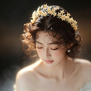 甜美花朵发冠新娘婚礼公主风氛围减龄金色杏黄色简约发箍发带头饰