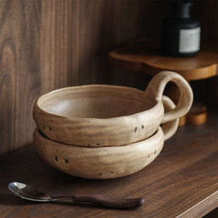 索厨 手绘小熊粗陶单耳碗复古沙拉钵带把手防烫陶瓷碗汤碗窑变釉