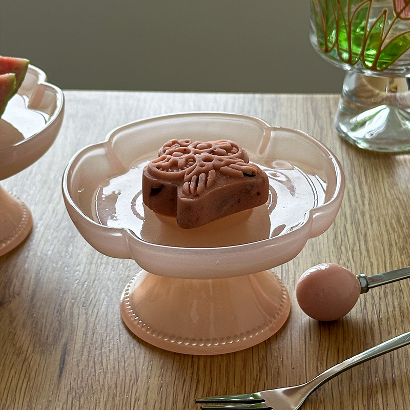 索厨 中古仿玉玻璃糕点盘高脚碟子精致小号客厅甜品坚果贡品摆盘