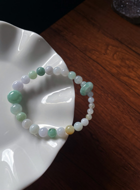 设计甜色天然a货翡翠马卡龙卡7+12+圆珠跑环转运珠手串手链玉珠串