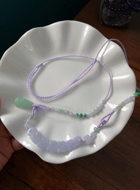 天然A货翡翠浅紫羽毛玉衡小白菜提溜编织锁骨链可调节新中式项链
