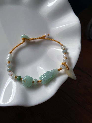 特色天然a货翡翠立体小花绿手牌莲花珠葫芦叶子好运平安扣手绳链