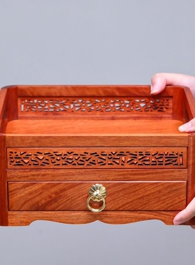 品名：单抽镂空茶盒 材质：缅甸花梨 尺寸：27.5*25*11.5cm