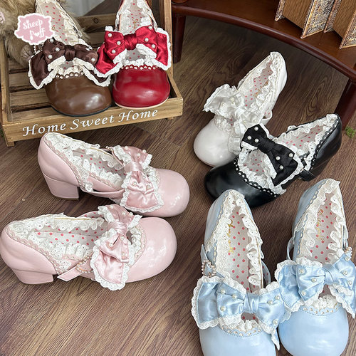 【现货】珍珠糖果 绵羊泡芙Lolita花边蕾丝蝴蝶结中跟单鞋