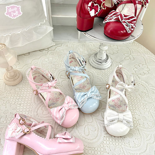 【定金】条纹棒棒糖 绵羊泡芙Lolita甜系蝴蝶结中跟单鞋