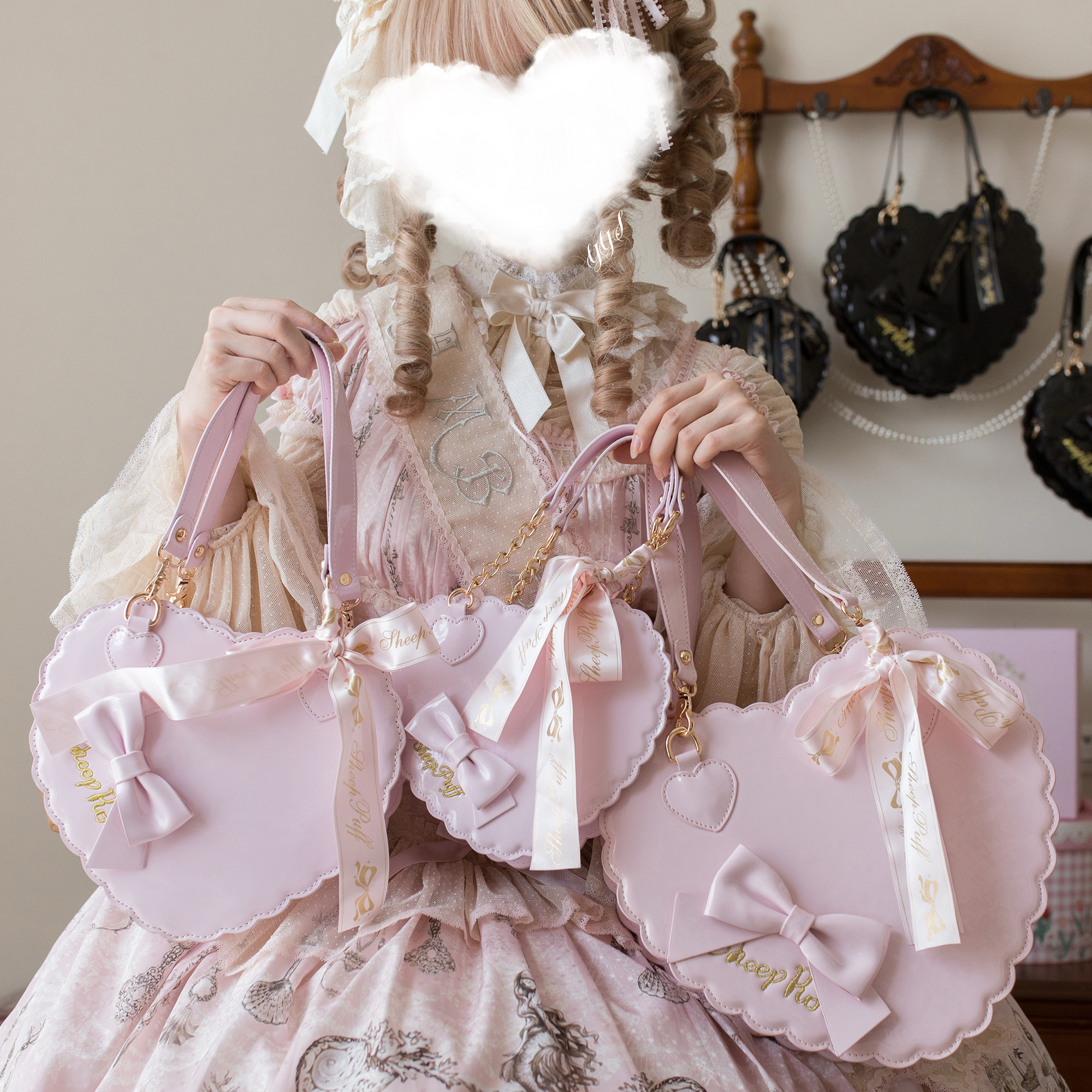【六团定金】漆皮哑光大中小号爱心包lolita甜娘手提包蝴蝶结斜挎