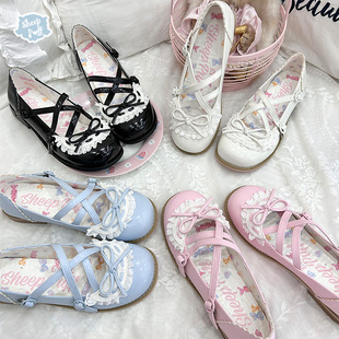 【现货】小女仆 绵羊泡芙Lolita蕾丝蝴蝶结低跟皮鞋交叉绑带
