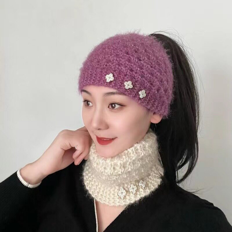 秋冬毛线针织发带帽宽边头巾女头饰护耳头套遮白发头箍保暖发带女