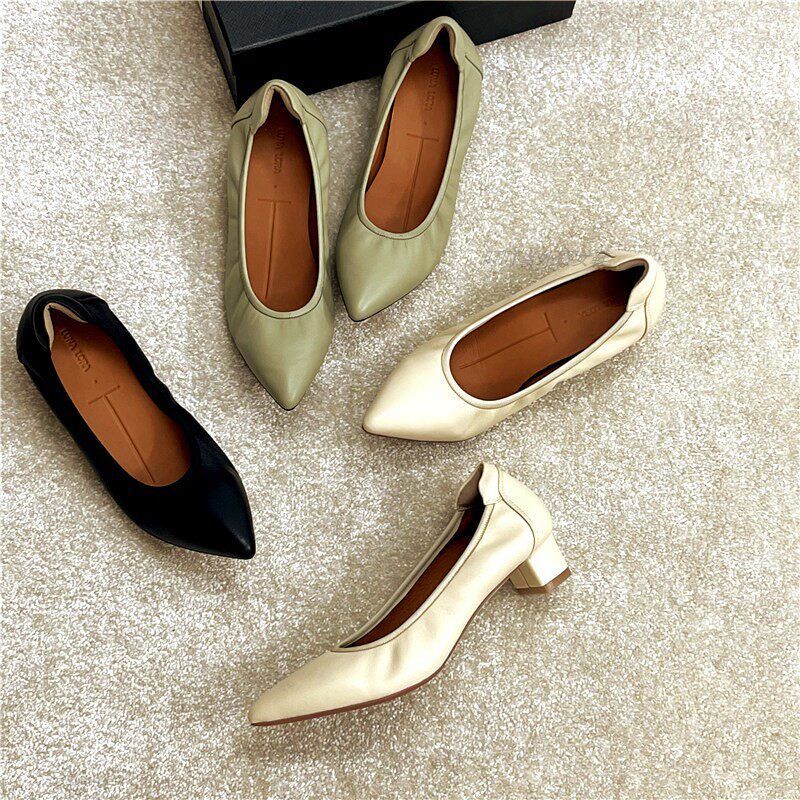 外贸女鞋真皮单鞋女中跟尖头羊皮软皮2021新款不累脚女士工作鞋女