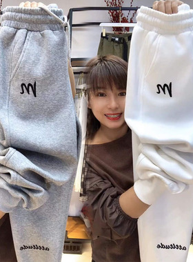 纯棉卫裤女秋冬2025新款刺绣百搭休闲裤加绒加厚显瘦束脚运动长裤