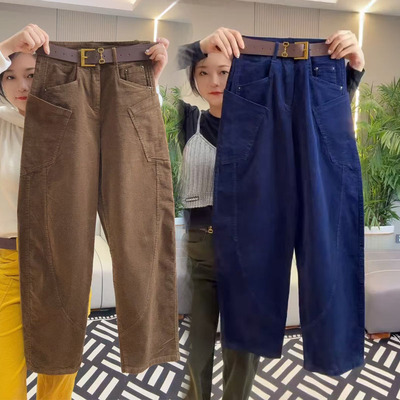 欧货秋冬季新款灯芯绒休闲裤女宽松弯刀女裤高腰显瘦直筒条绒长裤