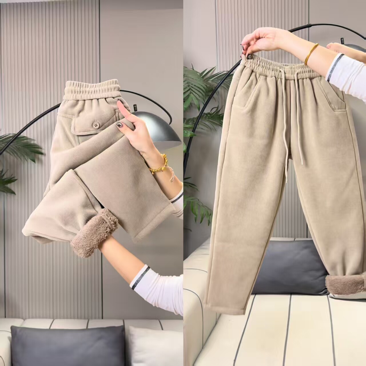 欧货2025冬新款女士羊羔毛休闲裤加厚条绒高腰休闲百搭直筒九分裤
