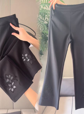 黑色高腰烫钻刺绣微喇裤女显瘦百搭减龄休闲长裤夏季薄款西裤高档