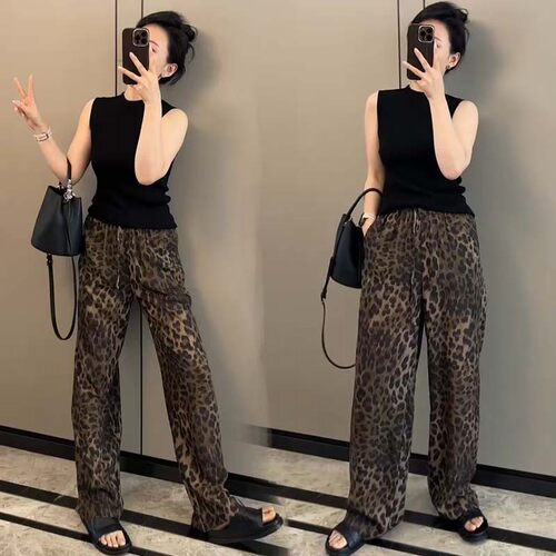 夏季冰丝豹纹风高腰直筒阔腿女
