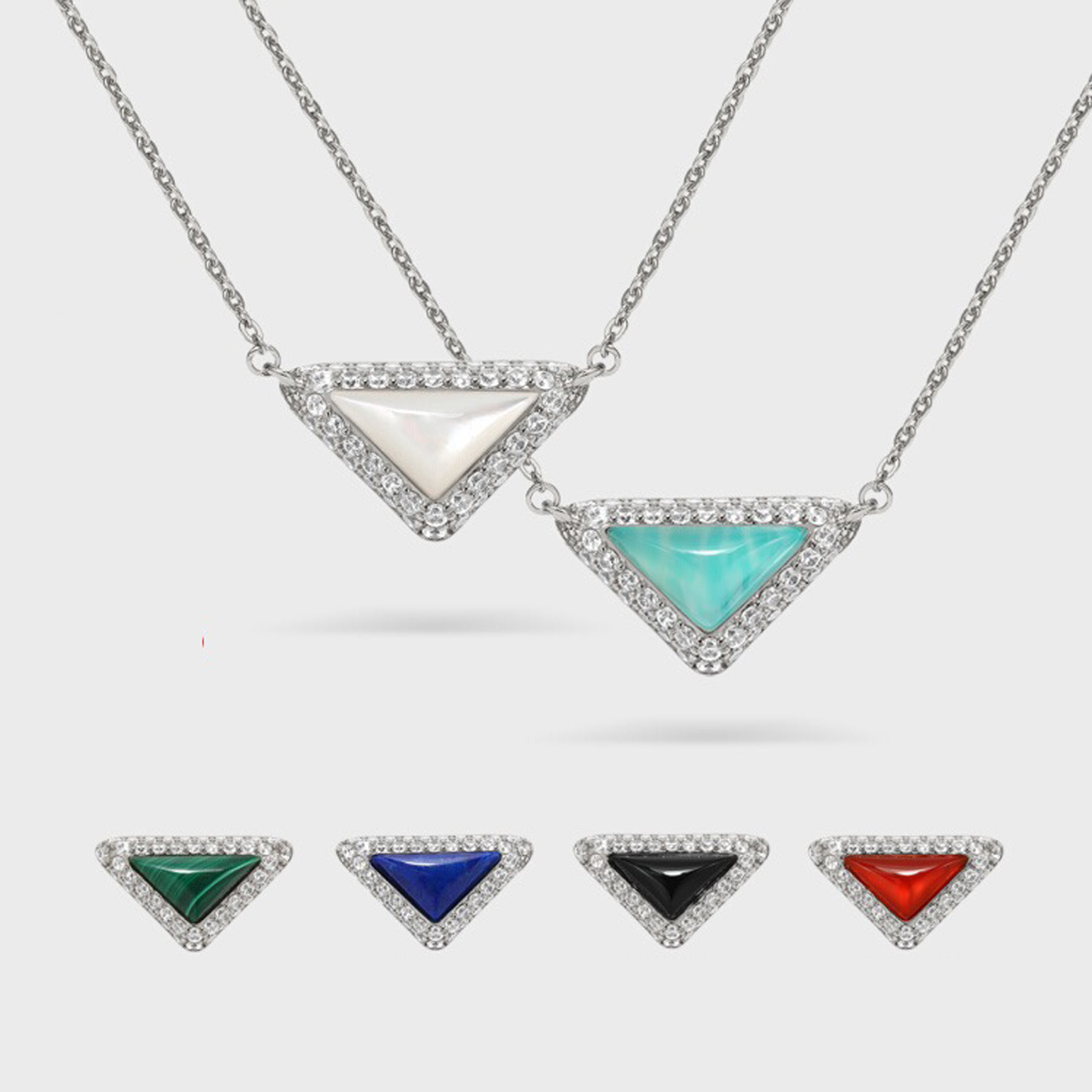 彩色天然石三角镶钻项链女