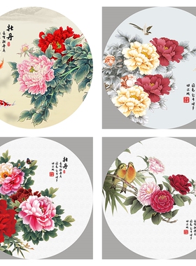 新中式风牡丹茶楼会所背胶壁画