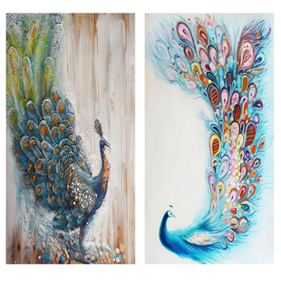 新中式网红孔雀开屏挂画客厅沙发玄关过道走廊背景壁画吉祥富贵图