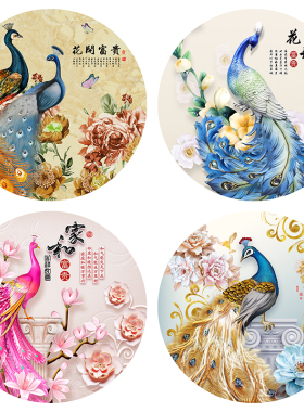圆形孔雀轻奢风喷绘花开富贵壁画