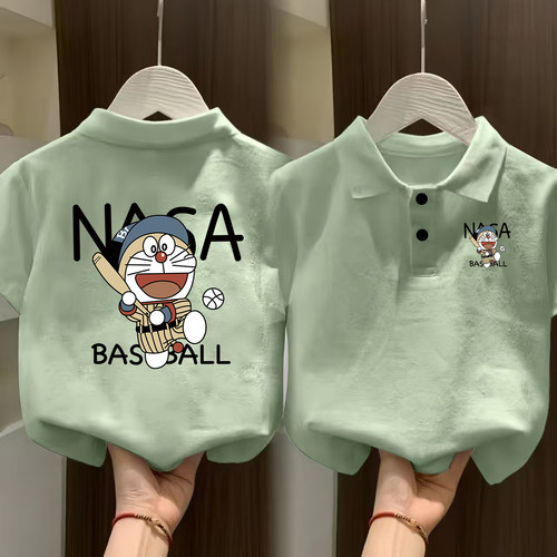 儿童纯棉polo衫男100%全棉纯色多巴胺卡通印花动漫图中大童小学生