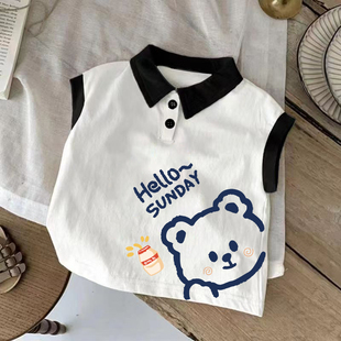男宝带领子的polo衫童装上衣无袖坎肩纯棉背心潮流时髦高级感大童