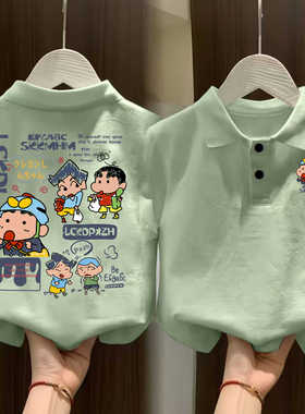 童装短袖上衣100%纯棉儿童短袖polo衫男宝宝中大童动漫蜡笔小新帅